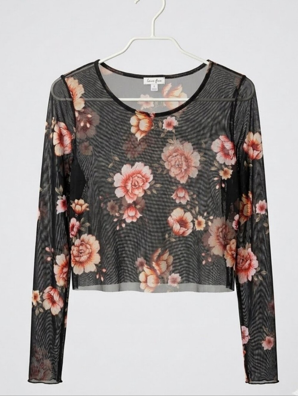 Love Fire Black Sheer Floral Mesh Long-Sleeve Crop Top Sz M